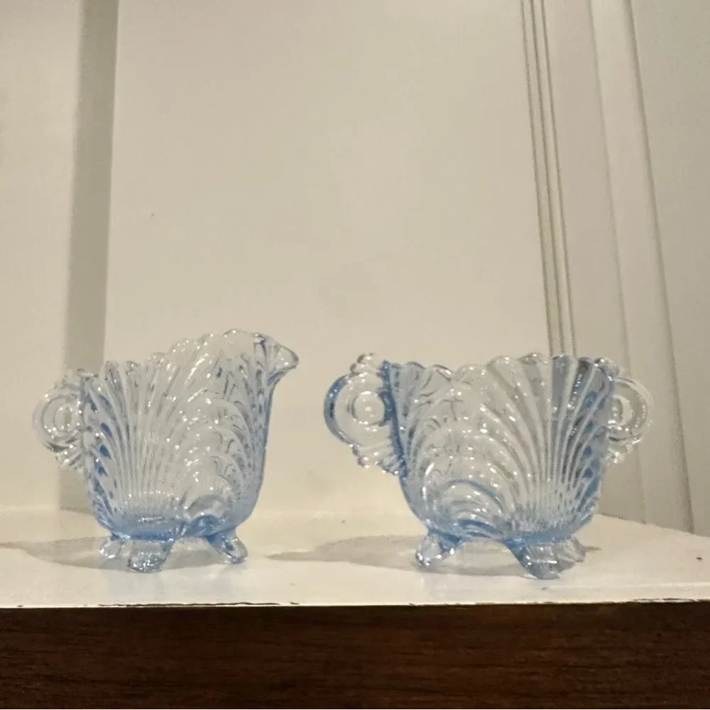 Vintage Blue Cambridge Glass Caprice Moonlight Blue Footed Sugar & Creamer 3”